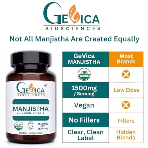 GeVica Biosciences Manjistha (Rubia Cordifolia) Caplets – USDA Organic,1500 mg per Serving – No Extract, 100% Whole Herb, NPOP & BioAgriCert Certified – 90 Count - Thumbnail 6