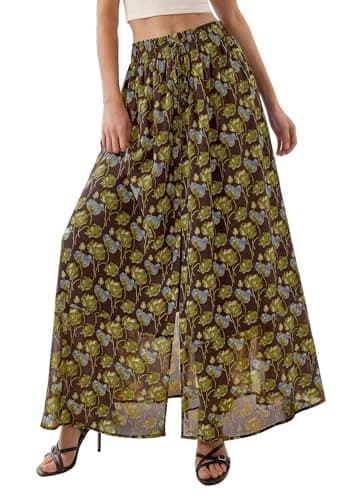 PRETTYGARDEN 2026 Summer Maxi Long Skirts for Women Trendy Boho Floral High Waisted Slit Flowy Travel Beach Vacation Clothes (Floral Brown Light Green,XX-Large) - Image 1