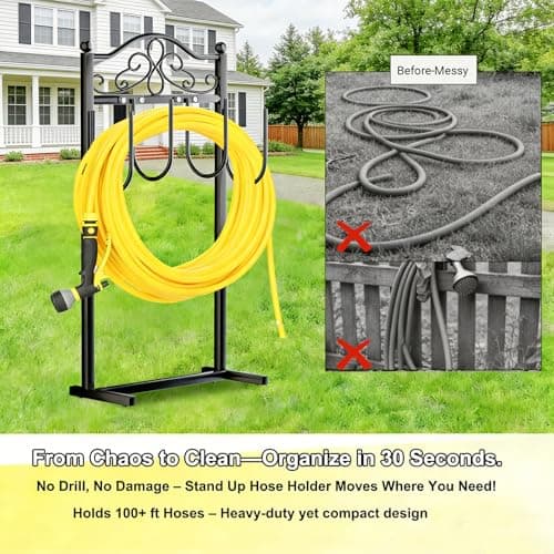 SHOMEXTOL Upgraded Garden Hose Holder - Heavy Duty Freestanding Metal Hose Holder with 4 Stabilizing Spikes, Sturdy Hose Hanger up to 100ft Hose for Yard, Lawn & Outdoor Garden (Black) - Thumbnail 6