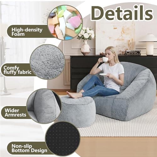 lilanoon Bean Bag Chairs with Ottoman for Adults, Comfy Beanbag Chair with High-Resilience Foam, Oversized Bean Bag Sofa with Soft Faux Fur Fabric, Bean Bag Chair for Living Room,Bedroom,Light Grey - Thumbnail 6