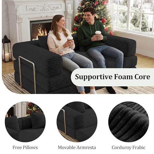 59 Inch Convertible Sofa Bed, 4-in-1 Futon Sofa Bed Pull Out Sleeper Couch, Boneless Couches Bed for Living Room, Corduroy Boneless Couches for Bedroom, Apartment, No Assembly(Black, 59” 2 Seat) - Thumbnail 5