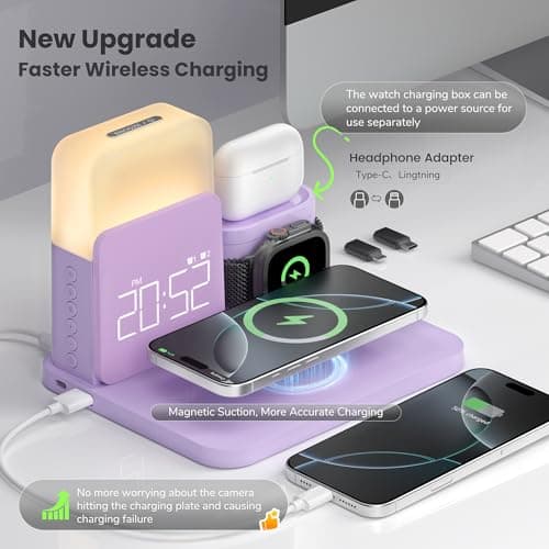 Wireless Charging Station, 7 in 1 Wireless Charger Stand with Dual Alarm Clock, Charging Dock for iPhone17/16/15/14/13/12/11/Pro/Max/Samsung Phone, Apple Watch 10/9/8/7/6/5/SE, AirPods 4/3/2 (Purple) - Thumbnail 2