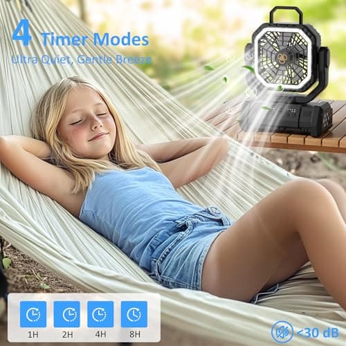 Portable Fan Rechargeable, 20000mAh Cordless Battery Powered Camping Fan with LED Light & Remote, 4 Speeds Wind, Timer, USB C, Hanging Hook, Oscillating Fans for Travel Tent, Camping Essentials - Thumbnail 4