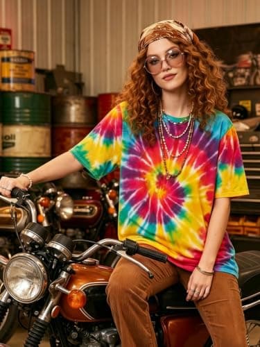 QIXYN Oversized 70s Outfits Tie Dye Shirt Women Vintage Hippie Clothes for Women Peace Love Crew Neck Casual Summer Tops - Thumbnail 2