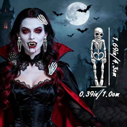 Halloween Decoration for Women, Hair Clips/Earrings,Spooky Skull Skeleton Dangle Punk Hair Clips/Earrings,Halloween Party Makeup(Ear Pendant, 2 Pcs) - Thumbnail 3