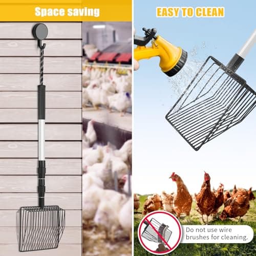 Chicken Poop Scooper & Rake, 3 in 1 Chicken Coop Scoop 23" to 42" Adjustable Metal Shovel Head and Handle, Litter Sifting Shovel for Chickens Coop, Farm, Sheep Pen, Cat Litter, Stable Cleaning - Thumbnail 6