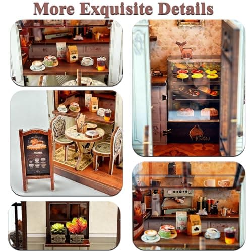 Joibabe 3D Wooden Coffee Shop Book Nook Kit - DIY Miniature Model with LED Lights, 143 Precision-Cut Pieces for Adults & Teens (1:24 Scale, Stress Relief Craft Gift) - Thumbnail 6