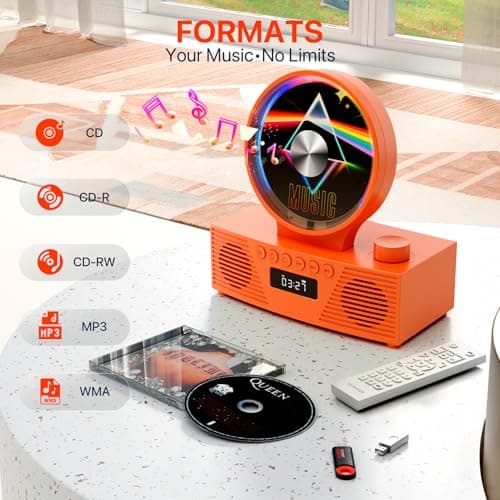 Retro Portable CD Player for Home Decor, CD Player with Speakers, Bluetooth/Battery/Remote, Desktop Vintage CD Players for Kids to Seniors, Combo with Radio/USB Driver/Stereo Sound/AUX/Timer - Thumbnail 3