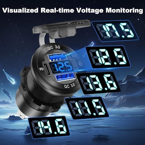 Aluminum Alloy 12V USB C Outlet,Dual Quick Charge 3.0 Port and PD 3.0 USB Car Socket,Cigarette Lighter Replacement Fast Charging Adapter,Car Charger with Voltmeter and Switch for for Auto RV Truck - Thumbnail 3