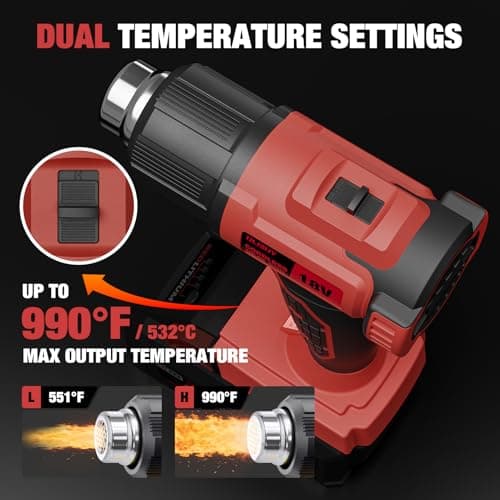 Cordless Heat Gun for Mil-waukee M-18 Battery, 7Pcs Nozzles&Scraper, LED Light, 350W Fast Heating Soldering Hot Air Gun, 2-Temp Setting Max 990℉(532℃), Heat gun for Shrink Tubing, Crafts (Tool Only) - Thumbnail 4