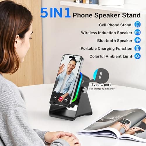 Wireless Induction Speaker 5-in-1 Bluetooth Speaker with Phone Stand,Stereo Sound, 3500mAh Rechargeable, 8 RGB Ambient Light, 360° Adjustable Holder for iPhone/Android/iPad,Gifts for Men Women (Black) - Thumbnail 3