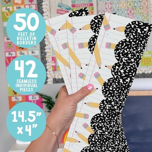 50ft Bulletin Board Borders Trim - Classroom Borders for Bulletin Board Decorations, Teacher Supplies for Classroom Decor Preschool, Kindergarten & Elementary, Pencils Scalloped Boarders - Thumbnail 4