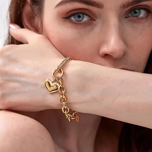Alegend Titanium Steel (Not Rust, Resist Corruption, Easily Clean) 18K Gold Plated Romantic Heart Charm Bracelet - Adjustable Fit - Thumbnail 3