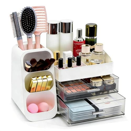 Makeup Organizer Countertop, Spacious Cosmetic Display Case with Makeup Brush Holder, Perfect Vanity Bathroom Organizer and Storage, White - Image 1