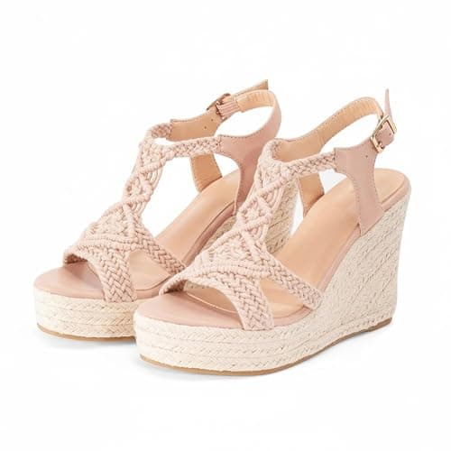 RUSAUISE Peep Toe Wedge Shoes for Women Open-back Braided Espadrille Wedge Platform Sandals Cutout Buckle Strap Casual Summer Shoes Nude Size 9 - Thumbnail 5
