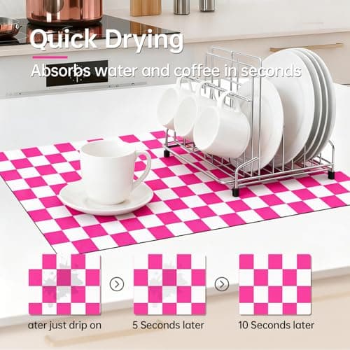 Checkered Dish Drying Mat for Kitchen Counter 24x16 Inch, Super Absorbent Microfiber Resistant Mat, Reusable Place Mats,Aesthetic Coffee Car Accessories,Office Desk Pad Protector,Kitchen Mat - Thumbnail 6