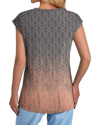 NORACORA Womens Spring Summer Cute Floral Tops Crew Neck Shirts Short Sleeve Tunic Basic Blouses Loose Tops Party Cap Sleeve T Tshirts Grey Pink Gradient XL - Thumbnail 6