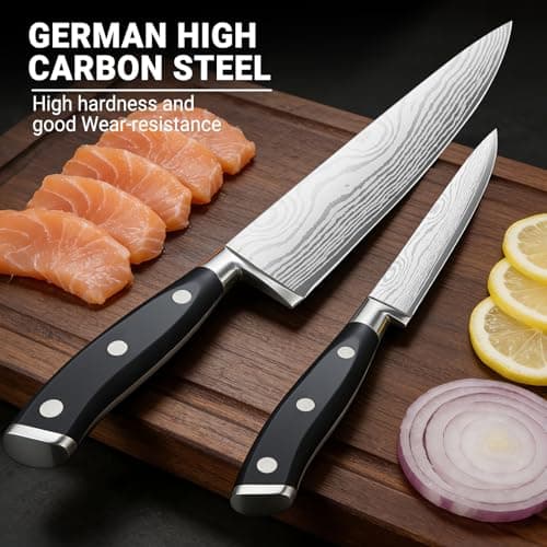 fomidao 2PCS Chef Knife Set, Razor Sharp Japanese Kitchen Knife Set, High Carbon Steel Damascus Pattern Chef's knives, Cooking Knife with Full Tang Handle Design for Home Kitchen - Thumbnail 6