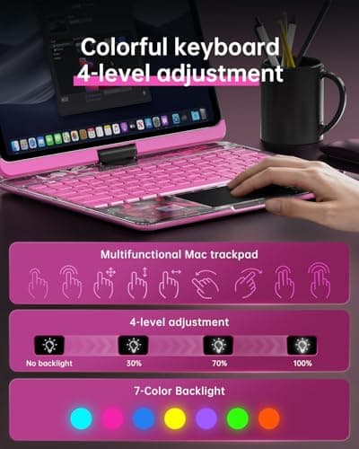 Auupgo Clear Keyboard Case for iPad Air 13 Inch (M4/M3/M2, 2026/2025/2024) & iPad Pro 12.9 Inch (6th/5th/4th/3rd Gen), 7-Color Backlit Keyboard with Touchpad, 360° Rotating Stand, Pencil Holder, Pink - Thumbnail 3