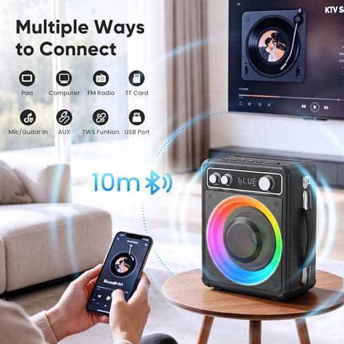 VOSOCO Karaoke Machine with 2 Wireless Microphones, Portable Bluetooth Speaker for Adults Kids, PA Systems Support TWS Echo Adjust TF USB AUX for Home Party Outdoor Travel - Thumbnail 6