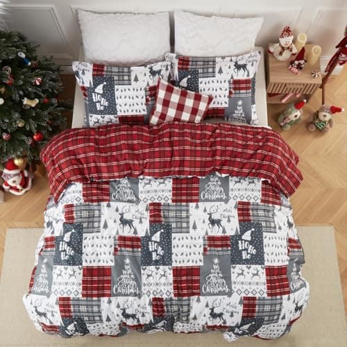 CAROMIO Christmas Comforter Set King Size, Reversible Printed 3 Pieces Bed Set Holiday Decorative Bedding, Soft Microfiber Fabric, 1 Comforter and 2 Pillow Shams (‌Christmas Plaid, King) - Thumbnail 4