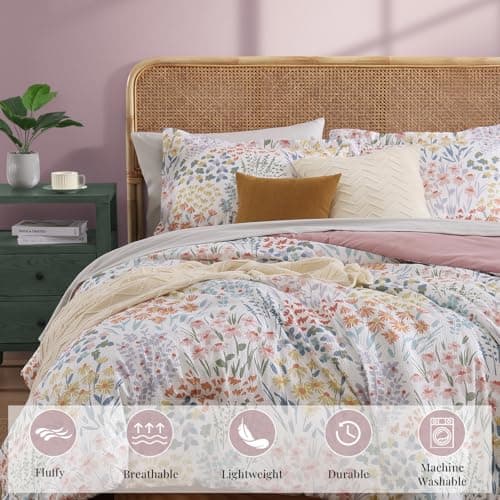 CASAAGUSTO Queen Comforter Set, 7 Pieces Bed in a Bag Queen Pinkish Floral Comforter Set with Flowers Leaves Pattern, Soft Seersucker Design All Season Queen Size Bedding Set - Thumbnail 6