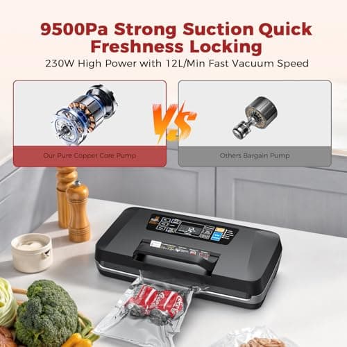 Vacuum Sealer Machine, Upgraded 230W 95KPa 10-in-1 Food Sealer with Double Heat Seal for Dry Moist Food, Easy-Lock Handle, Hose, Built-in Cutter and Bag Storage + Bags (1 Roll + 10 Pre-cut) - Thumbnail 2