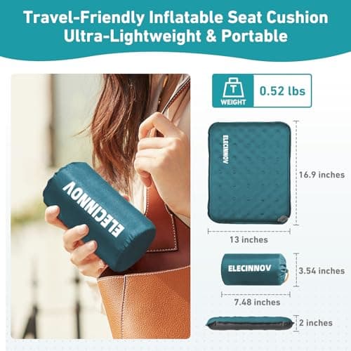 Inflatable Seat Cushion, Self Inflating Memory Foam Stadium Seat Cushion Lightweight Camping Chair Pad Airplane Cushion for Long Flights Outdoor Travel Bleacher Office Car Backpacking (Blue) - Thumbnail 2