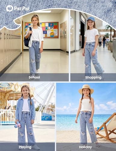 PATPAT Baggy Girls Jeans Wide Leg Denim Pants Ripped High Waist Elastic Y2K Trendy Jeans for Teens with Pockets Light Blue 13-14Y - Thumbnail 2