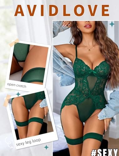 Avidlove Sexy Lace Lingerie Sexy Lace Bodysuit with Adjustable Garter, Vintage Inspired Lingerie for Date Night & Photoshoots Green L - Thumbnail 2