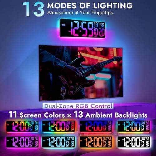 ANSOPER 16.5" Large Digital Wall Clock: 13 RGB Night Lights Giant LED Display with Remote, Auto DST & Dimming, Classroom Must Have, Gaming Room Dorm Decor, Big Number Clock for Seniors RGB - Thumbnail 2