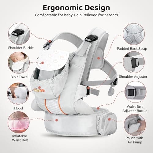 CoziBB Baby Carrier, 3-in-1 Cozy Baby Wraps Carrier with Air Cushion Waist Belt, Adjustable & Ergonomic Baby Carrier Newborn to Toddler for 7.7-33lbs, Toddler Carrier with Lock Belt, Storage Pocket - Thumbnail 6