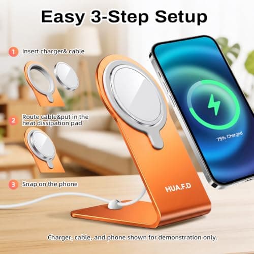 HUAFD MagSafe Charger Stand Compatible with Apple MagSafe Charger 15W/25W, Aluminum Desktop Dock for iPhone 17/16/15/14/13/12, Portrait & Landscape Viewing, Cable Slot, Charger Not Included, Oranger - Thumbnail 3