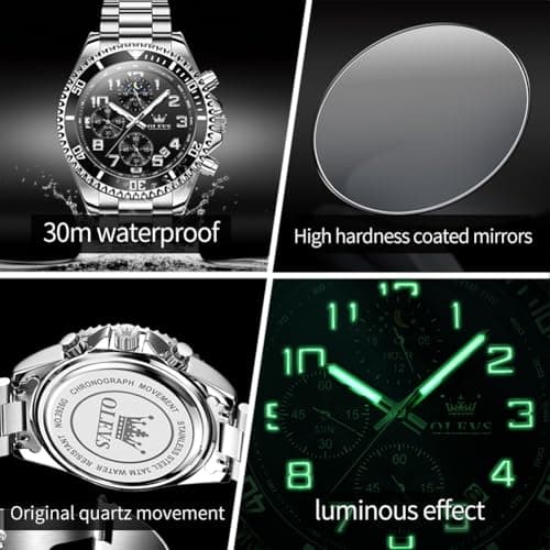 OLEVS Watch Men Luxury Black Face Silver Stainless Steel Dress Wrist Waterproof Quartz Analog Watches for Men Nice Fashion Chronograph Moon Phase Luminous Large Face Mens Watches Relojes para Hombres - Thumbnail 5