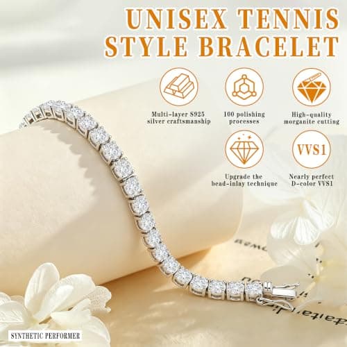 Moissanite Tennis Bracelet For Women,Women's Tennis Bracelets,Round Cut D-Color VVS1 Platinum Plated Silver Bracelet,Hypoallergenic Bezel 7 Ins, Ice Crystal Sparkling,Exquisite Jewelry,with Gift Box,Ideal Gift for Wife/Her (7 Inches) - Thumbnail 3