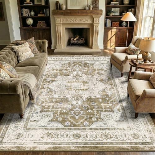 Vintage 8x10 Area Rugs Living Room: Washable Boho Large Neutral Vintage Soft Rug Stain Resistant Distressed Farmhouse Non-Slip Patterned Carpet for Bedroom Nursery Kids Office Dining Room-Beige Brown - Image 1