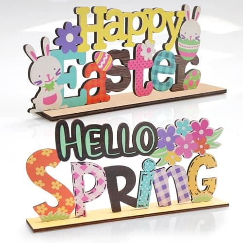 Easter Spring Table Decorations Sign – 2PCS Wooden Sign Bunny Decor Tiered Tray Decorations Set for Home and Office Shelf Mantel Indoor