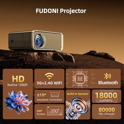 FUDONI Projector with WiFi and Bluetooth 4K Supported, Upgraded 18000L Outdoor Movie Projectors Native 1080P FHD, Video Projector for Home Theater, Compatible w/HDMI/USB/iOS/Android/Windows/TV Stick - Thumbnail 2
