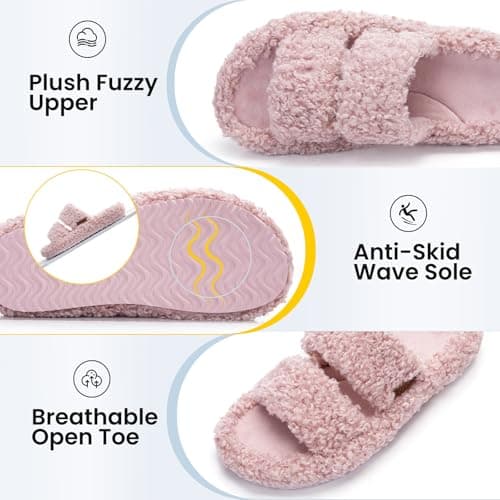 BOVTY Women's Fuzzy Open-toe Bowknot & Double-Strap Slippers, Memory Foam Non-Slip Indoor House Slides - Thumbnail 3