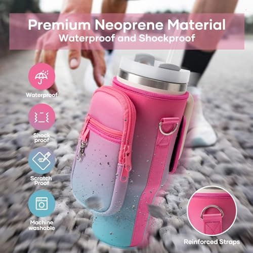 linmaya Water Bottle Carrier Bag for Stanley Cup 40/30oz with Phone Holder Pockets,Neoprene Water Bottle Cross-body Bag with Adjustable Shoulder & Hand Strap Stanley Cup Accessories - Thumbnail 5