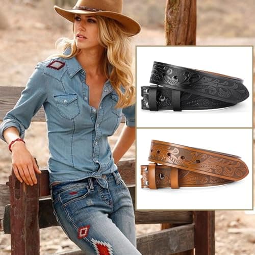 SENDEFN Western Belts for Men Women Cowboy Belt without Buckle Western Leather Belts 1.5" Wide Western Belt Straps for Jeans - Thumbnail 6