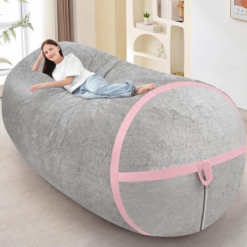 HABUTWAY 6FT BeanBag Chair,Giant BeanBag Chairs with Memory Foam Filled, Ultra-Soft Velvet with Portable Handle & Removable Cover, Comfy BeanBag Sofa for Living Room, No Assembly - Light Grey & Pink - Image 1