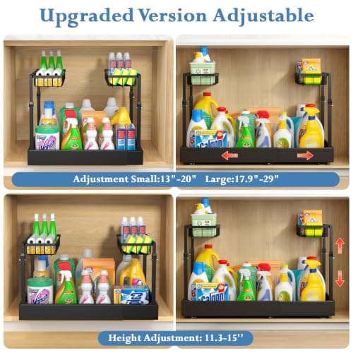 Aisslro Under Sink Organizer, 2 Tier Under the Sink Storage, Expandable Adjustable Slide Out Pull Out Under Cabinet Organizers Shelf, for Kitchen Bathroom Pantry Closet Organization, Black - Thumbnail 4