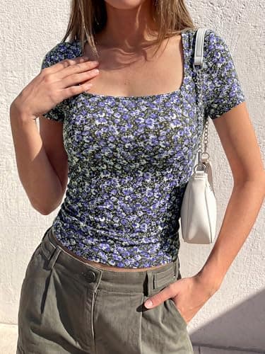 BTFBM Floral Square Neck Tops for Women 2026 Trendy Summer Outfits Short Sleeve Shirts Boho Top Beach Vacation Clothes(Black Purple Flower, Small) - Thumbnail 5