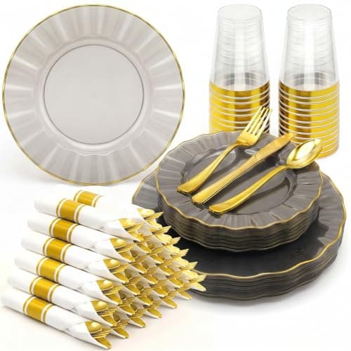 Glowserve Pre-Rolled Scalloped Clear Black Plastic Plates Set 175 PCS