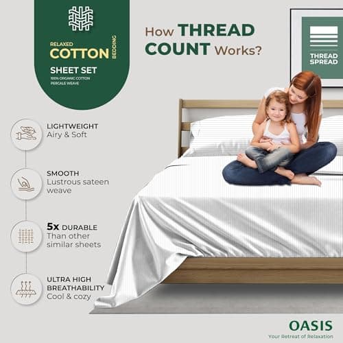 THREAD SPREAD 100% Organic Cotton Sheets California King Size - Organic Cotton Cal King Size Percale Sheet Set (4 PC, Light Grey Pinstripe), Soft, Cooling & Crisp, 16" Deep Pocket Hotel Bedding Set - Thumbnail 4