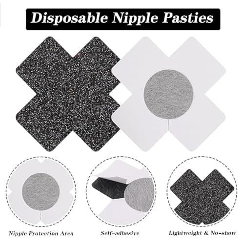 Glitters Pasties Nipple Covers for Women Disposable Sticky Breast Petals for Rave Party 12 Pairs(Black & Silver) - Thumbnail 3