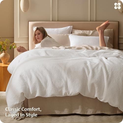 Bedsure Cotton Duvet Cover California King Size - 100% Cotton Waffle Weave Coconut White Duvet Cover, PureWoven Textured Breathable Bedding Comforter Cover for All Season, 1 Duvet Cover Only 104"x98" - Thumbnail 6