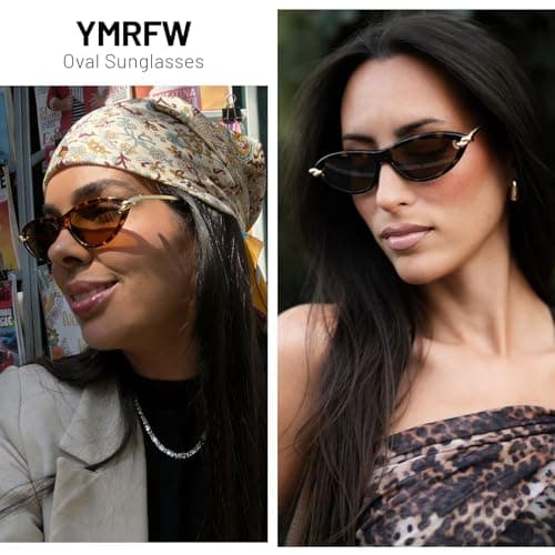 YMRFW Retro Oval Cat Eye Sunglasses for Women Y2k Designer Trendy Narrow Shades Metal Temples UV protection Sun Glasses - Thumbnail 2