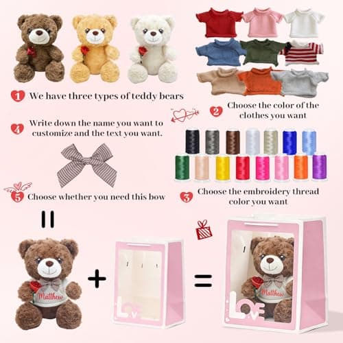 OELTTG 12in Customized Teddy Bear Gift with Rose - Easter Basket Stuffers, Personalized Plush Bear with Embroidered Name, 3 Colors & 9 Outfits | Perfect Easter Birthday Gift for Kids - Thumbnail 5